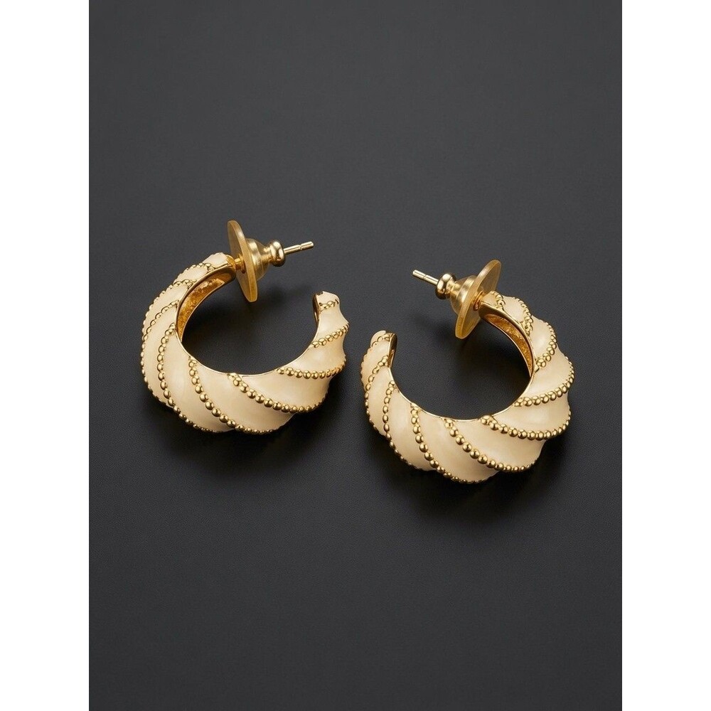 Vintage Cream Enamel Gold Beaded Twisted Hoop Statement Earrings  Dangle